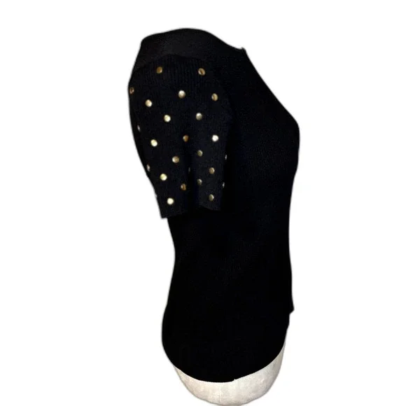 Zara Knit Ribbed Short Sleeve Top Black Gold Stud Embellished Womens - Picture 6 of 6